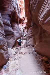 Hiker in Buckskin Gulch.  A hiker considers the towering walls and narrow passageway of Buckskin Gulch, a dramatic slot canyon forged by centuries of erosion through sandstone.  Buckskin Gulch is the worlds longest accessible slot canyon, running from the Paria River toward the Colorado River.  Flash flooding is a serious danger in the narrows where there is no escape, Paria Canyon-Vermilion Cliffs Wilderness, Arizona