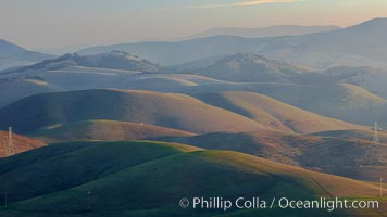 Hills between Morro Bay and Atascadero, early morning light, power transmission lines and signal attenae