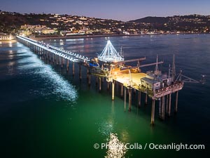 Holiday Christmas Lights on Scripps Pier,  Scripps Institution of Oceanography, sunset, aerial, La Jolla, California