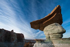Pedestal rock, or hoodoo, at Stud Horse Point.  These hoodoos form when erosion occurs around but not underneath a more resistant caprock that sits atop of the hoodoo spire, Page, Arizona