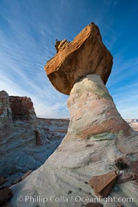 Pedestal rock, or hoodoo, at Stud Horse Point.  These hoodoos form when erosion occurs around but not underneath a more resistant caprock that sits atop of the hoodoo spire, Page, Arizona