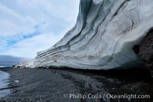 Horizontal striations and layers in packed snow on the edge of the ocean, Brown Bluff, Antarctica