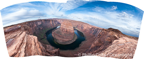 Panoramic photo of Horseshoe Bend, where the Colorado River makes a 180-degree turn at Horseshoe Bend. Here the river has eroded the Navajo sandstone for eons, digging a canyon 1100-feet deep, Arizona.