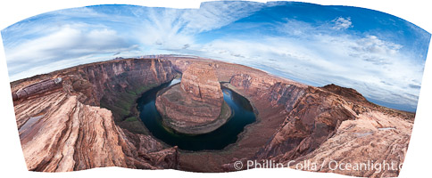 Horseshoe Bend. The Colorado River makes a 180-degree turn at Horseshoe Bend. Here the river has eroded the Navajo sandstone for eons, digging a canyon 1100-feet deep, Page, Arizona