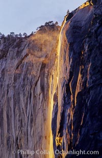 Horsetail Falls backlit by the setting sun as it cascades down the face of El Capitan, February, Yosemite Valley.