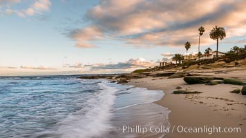 Hospital Point, La Jolla, dawn, sunrise light and approaching storm clouds.