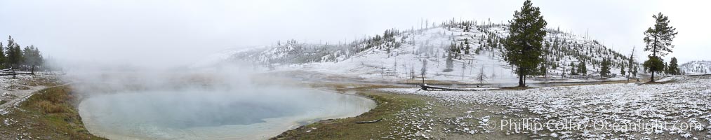 Hot Spring, steaming in cold winter air, panorama, Midway Geyser Basin, Yellowstone National Park, Wyoming