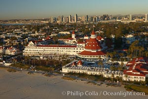 Hotel del Coronado, known affectionately as the Hotel Del.  It was once the largest hotel in the world, and is one of the few remaining wooden Victorian beach resorts.  It sits on the beach on Coronado Island, seen here with downtown San Diego in the distance.  It is widely considered to be one of Americas most beautiful and classic hotels. Built in 1888, it was designated a National Historic Landmark in 1977