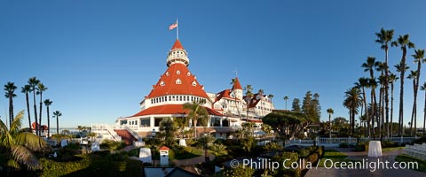 Hotel del Coronado, known affectionately as the Hotel Del. It was once the largest hotel in the world, and is one of the few remaining wooden Victorian beach resorts. It sits on the beach on Coronado Island, seen here with downtown San Diego in the distance. It is widely considered to be one of Americas most beautiful and classic hotels. Built in 1888, it was designated a National Historic Landmark in 1977