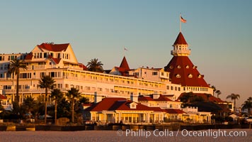 Hotel del Coronado, known affectionately as the Hotel Del. It was once the largest hotel in the world, and is one of the few remaining wooden Victorian beach resorts. It sits on the beach on Coronado Island, seen here with downtown San Diego in the distance. It is widely considered to be one of Americas most beautiful and classic hotels. Built in 1888, it was designated a National Historic Landmark in 1977