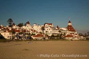 Hotel del Coronado, known affectionately as the Hotel Del. It was once the largest hotel in the world, and is one of the few remaining wooden Victorian beach resorts. It sits on the beach on Coronado Island, seen here with downtown San Diego in the distance. It is widely considered to be one of Americas most beautiful and classic hotels. Built in 1888, it was designated a National Historic Landmark in 1977