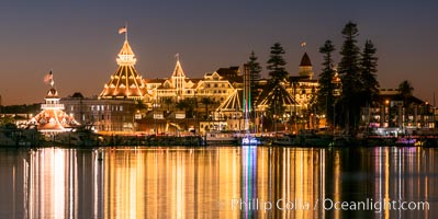 Hotel del Coronado with holiday Christmas night lights, known affectionately as the Hotel Del. It was once the largest hotel in the world, and is one of the few remaining wooden Victorian beach resorts.  The Hotel Del is widely considered to be one of Americas most beautiful and classic hotels. Built in 1888, it was designated a National Historic Landmark in 1977