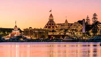 Hotel del Coronado with holiday Christmas night lights, known affectionately as the Hotel Del. It was once the largest hotel in the world, and is one of the few remaining wooden Victorian beach resorts.  The Hotel Del is widely considered to be one of Americas most beautiful and classic hotels. Built in 1888, it was designated a National Historic Landmark in 1977