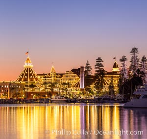 Hotel del Coronado with holiday Christmas night lights, known affectionately as the Hotel Del. It was once the largest hotel in the world, and is one of the few remaining wooden Victorian beach resorts.  The Hotel Del is widely considered to be one of Americas most beautiful and classic hotels. Built in 1888, it was designated a National Historic Landmark in 1977