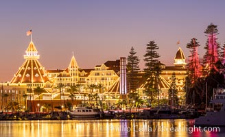 Hotel del Coronado with holiday Christmas night lights, known affectionately as the Hotel Del. It was once the largest hotel in the world, and is one of the few remaining wooden Victorian beach resorts.  The Hotel Del is widely considered to be one of Americas most beautiful and classic hotels. Built in 1888, it was designated a National Historic Landmark in 1977