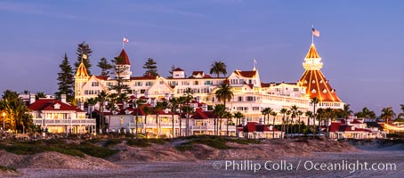 Hotel del Coronado with holiday Christmas night lights, known affectionately as the Hotel Del. It was once the largest hotel in the world, and is one of the few remaining wooden Victorian beach resorts. The Hotel Del is widely considered to be one of Americas most beautiful and classic hotels. Built in 1888, it was designated a National Historic Landmark in 1977, San Diego, California