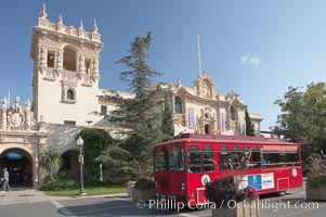 The House of Hospitality in Balboa Park, San Diego, and one of the free buses that shuttles tourists around the park