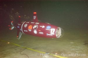 A human-powered submarine, designed, built and operated by Texas A and M University engineering students, Offshore Model Basin, Escondido, California