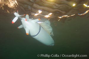 The propellers and steering foils of a human-powered submarine, designed, built and operated by University of Washington engineering students, Offshore Model Basin, Escondido, California