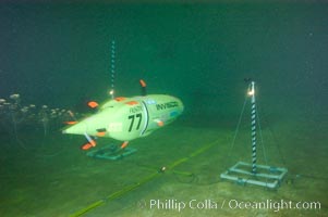 A human-powered submarine passes through an underwater electronic timing gate that will measure the speed of the sub, designed, built and operated by University of California San Diego engineering students, Offshore Model Basin, Escondido