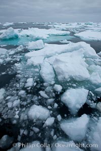 Pack ice and brash ice fills the Weddell Sea, near the Antarctic Peninsula.  This pack ice is a combination of broken pieces of icebergs, sea ice that has formed on the ocean