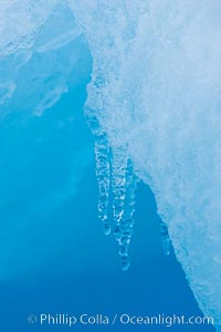 Icicles and melting ice, hanging from the edge of an blue iceberg.  Is this the result of climate change and global warming?, Brown Bluff