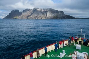 Icebreaker M/V Polar Star approaches Elsehul harbor on South Georgia Island.