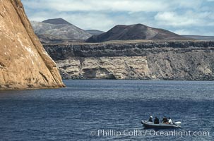 Freedivers and skiff near Isla Adentro, Guadalupe Island (Isla Guadalupe)