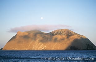 Isla Adentro and setting moon, daybreak, Guadalupe Island (Isla Guadalupe)