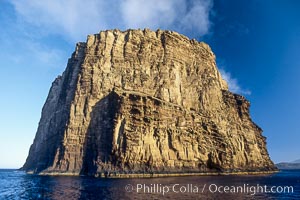 Isla Afuera is a volcanic plug towering 700 feet above the ocean near the south end of Guadalupe Island.  Its steep cliffs extend underwater hundreds of feet offering spectacular wall diving and submarine topography.
