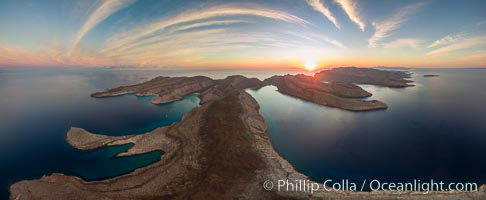 Isla Partida at Sunrise, aerial photo. Ensenada Grande on left, El Cardonal on right