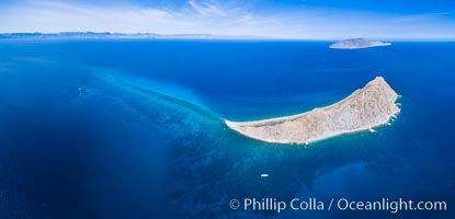 Isla San Diego and Coral Reef, reef extends from Isla San Diego to Isla San Jose,  aerial photo, Sea of Cortez, Baja California