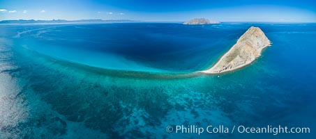 Isla San Diego and Coral Reef, reef extends from Isla San Diego to Isla San Jose,  aerial photo, Sea of Cortez, Baja California