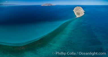 Isla San Diego and Coral Reef, reef extends from Isla San Diego to Isla San Jose,  aerial photo, Sea of Cortez, Baja California