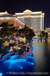 Jasmine Restaurant and Caesar's Palace Hotel are reflected in the Bellagio Hotel fountain pool at night, Las Vegas, Nevada
