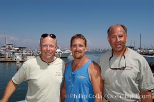 Joe Tobin (left), Doug Kuczkowski (center) and Craig OConnor (right).  In July 2004 OConnor shot a pending spearfishing world record North Pacific yellowtail (77.4 pounds), taken on a breathold dive with a band-power speargun near Battleship Point, Guadalupe Island (Isla Guadalupe), Mexico, July 2004.  Kuczkowski is the current record holder (77.0 pounds, July 1999) and Tobin is former record holder (74 pounds, July 1999), H&M Landing, San Diego, California