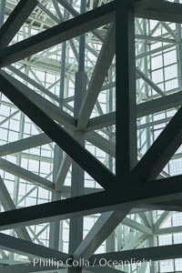 Los Angeles Convention Center, south hall, interior design exhibiting exposed space frame steel beams and glass enclosure