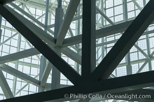 Los Angeles Convention Center, south hall, interior design exhibiting exposed space frame steel beams and glass enclosure