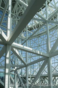 Los Angeles Convention Center, south hall, interior design exhibiting exposed space frame steel beams and glass enclosure