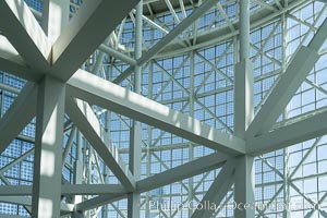 Los Angeles Convention Center, south hall, interior design exhibiting exposed space frame steel beams and glass enclosure