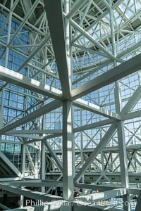 Los Angeles Convention Center, south hall, interior design exhibiting exposed space frame steel beams and glass enclosure