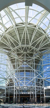 Los Angeles Convention Center, south hall, interior design exhibiting exposed space frame steel beams and glass enclosure.