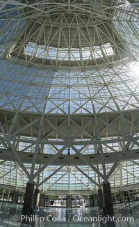 Los Angeles Convention Center, south hall, interior design exhibiting exposed space frame steel beams and glass enclosure