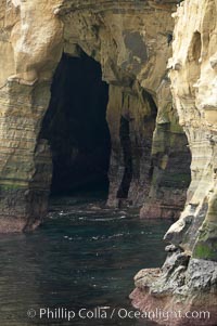 Sea cliffs and sea caves at sea level, made of sandstone and eroded by waves and tides, La Jolla, California