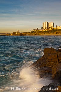 La Jolla Coast Boulevard at sunset, ocean and sea bluffs