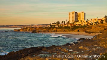 La Jolla Coast Boulevard at sunset, ocean and sea bluffs