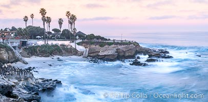 La Jolla Cove and Point La Jolla at Dawn, waves blur into abstract white, pre-sunrise soft light