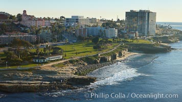 La Jolla Point (lower left) and Scripps Park, with old La Jolla shops, homes and Coast Blvd