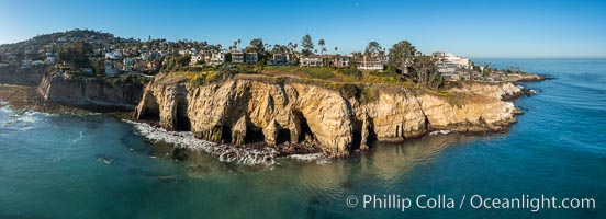 La Jolla Sea Caves and Coast Walk, early morning, aerial photo