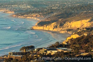 La Jolla Shores Coastline and Scripps Pier, aerial photo, sunset